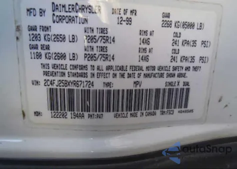 2000 Chrysler Voyager из США, поврежденный, VIN 2C4FJ25BXY4671724